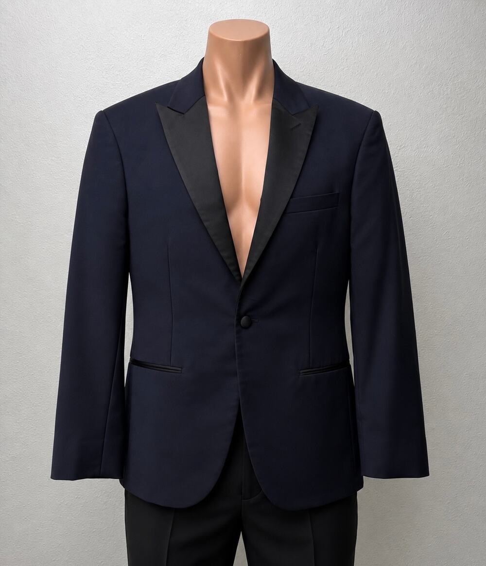 The Black Tux Navy Merino Wool Tuxedo Jacket Black Satin Peak Lapel Men's 40R